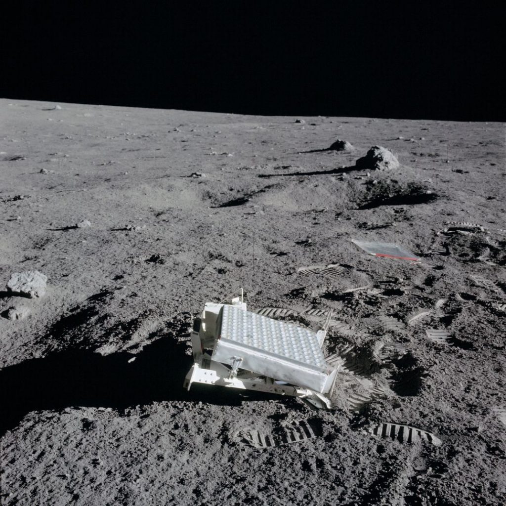 A close-up photograph of the laser reflecting panel deployed by Apollo 14 astronauts on the Moon in 1971.